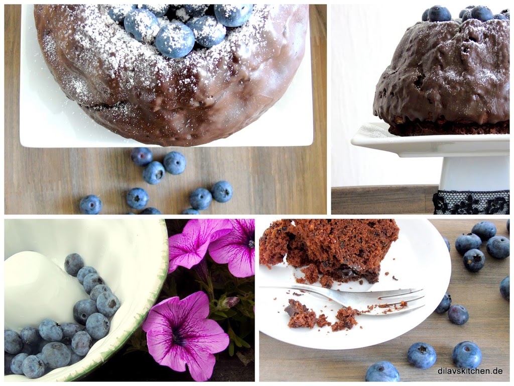 Collage mit verschiedenen Ansichten eines Schokoladen Gugelhupf mit Blaubeeren